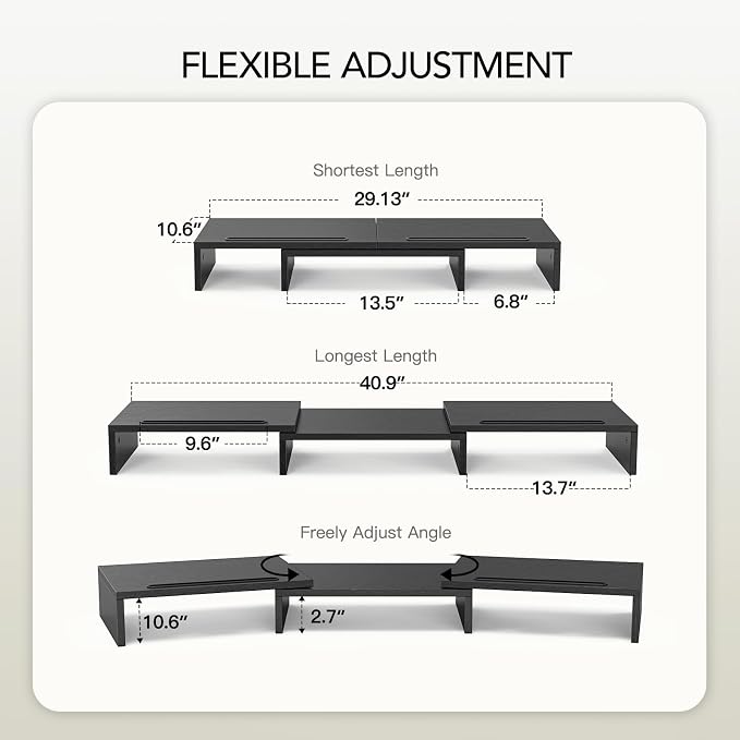 AMERIERGO Dual Monitor Stand Riser for 2 Monitors, Monitor Stand for Desk, Adjustable Computer Monitor Stand with 2 Slot, Multifunctional Desktop Organizer Stand for Laptop, PC, Computer, Printer - Image 2