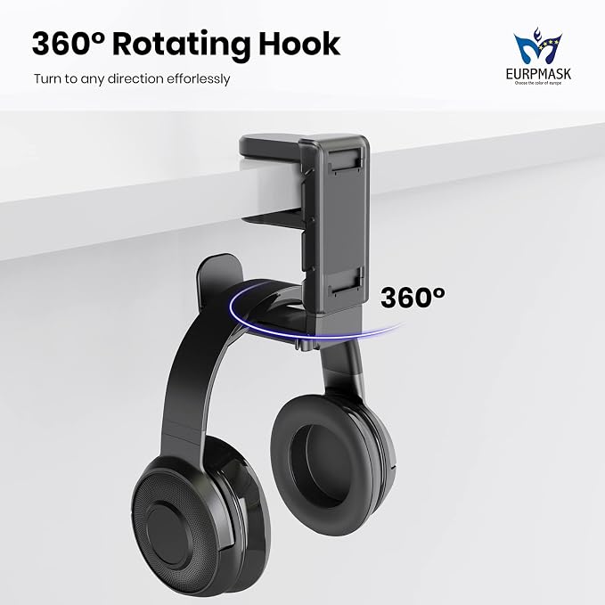 3-in-1 Headset&Controller Holder - EURPMASK Upgraded PC Gaming Headset Stand, Adjustable Clamp-on Headphone Holder,Headphone Controller Hook Under Desk w/ 360 Degree Swivel&Cable Clip Organizer-Black - Image 5
