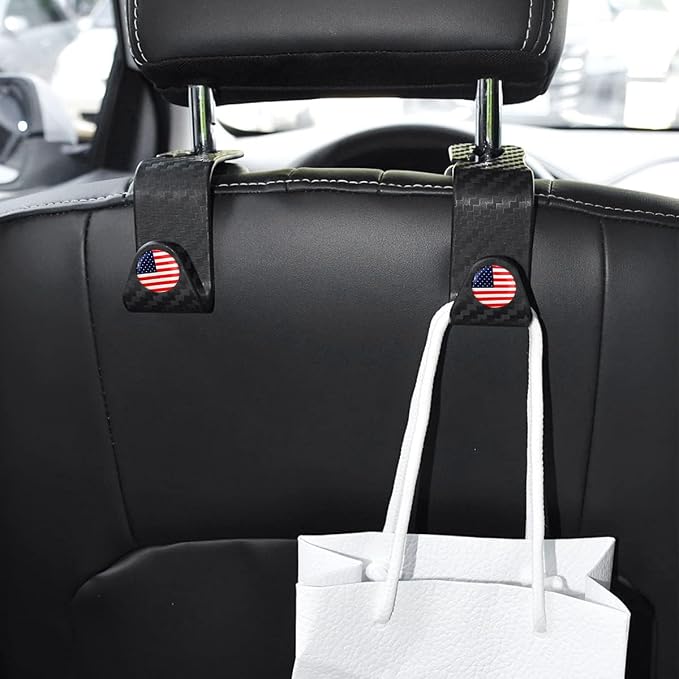 4PCS Car Seat Headrest Hooks, Auto Back Seat Hanger Holder, Durable Stylish Vehicle Organizer Universal Car Interior Accessories, Storage Hooks for Purses, Bags, Clothes, Coats (Carbon Fiber/Red Flag) - Image 3