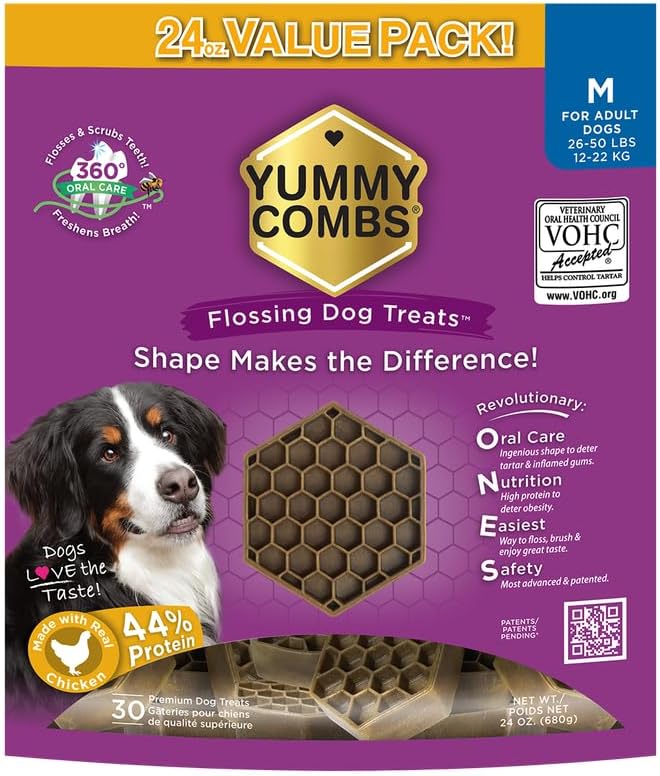 Yummy Combs Dog Dental Treats – Vet VOHC Approved – Delicious Chicken Protein – Removes Tartar with Cleaning Comb Shape – Dental Dog Treats for Medium Dogs (24oz, 30 Count) by YummyCombsDogDentalTreats