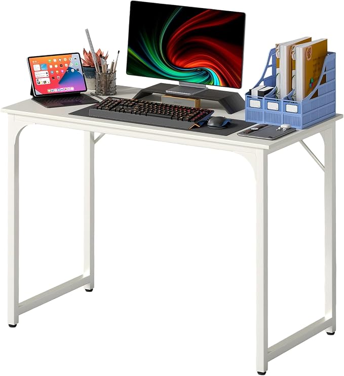 PayLessHere | 39 Inch Computer Desk | White | Office Desk with Metal Frame, Adjustable Feet | Water-Resistant, Scratchproof Surface | Sturdy Writing Table for Home Office or Study | Pack of 1 by PayLessHere