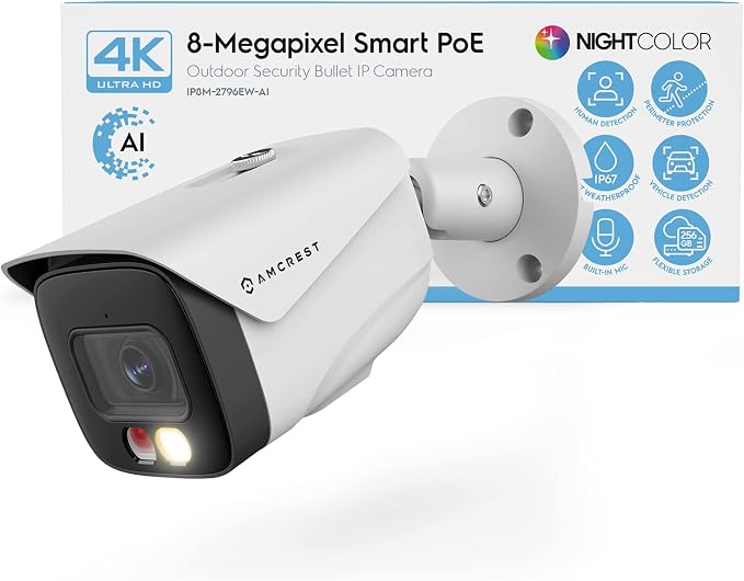 Amcrest UltraHD 4K (8MP) IP PoE AI Camera, FOV 129°, 49ft Color Nightvision, Security Outdoor Bullet Camera, Human & Vehicle Detection, Active Deterrent, 4K @15fps, IP8M-2796EW-AI (White) by Amcrest