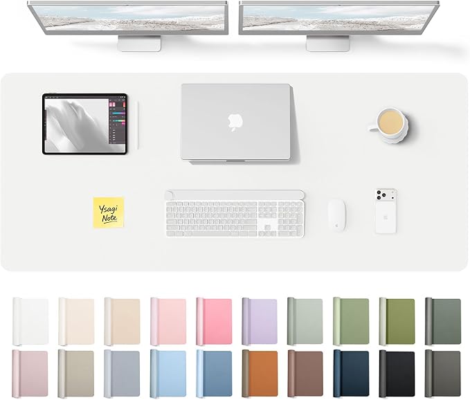 YSAGi Leather Desk Pad Protector, Office Desk Mat, Large Mouse Pad, Non-Slip PU Leather Desk Blotter, Laptop Desk Pad, Waterproof Desk Writing Pad for Office and Home (White,55" x 17.2") by YSAGi