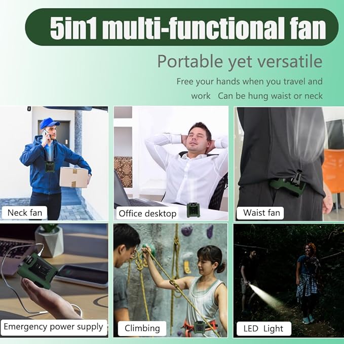 CAZOKASI Personal Waist Clip Fan Rechargeable Wearable Hand Free Wearable Cooler Fan for Traveling Working Outdoor Office (10000mAh / Green) - Image 7