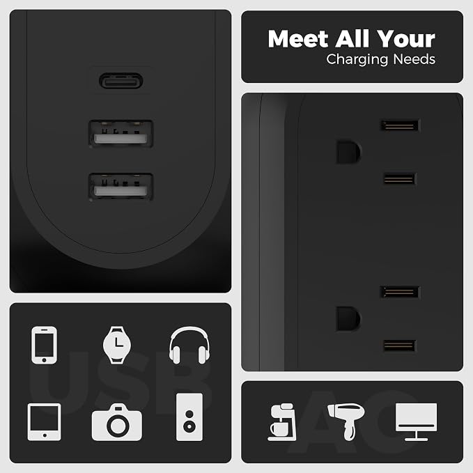 TESSAN Tower Power Strip Flat Plug with 1050J Surge Protection, 6 Ft, Black | 11 Outlets 3 USB (1 USB C), Surge Protector Power Tower, Extension Cord with Multiple Outlets, Dorm, Office Desk Supplies - Image 8