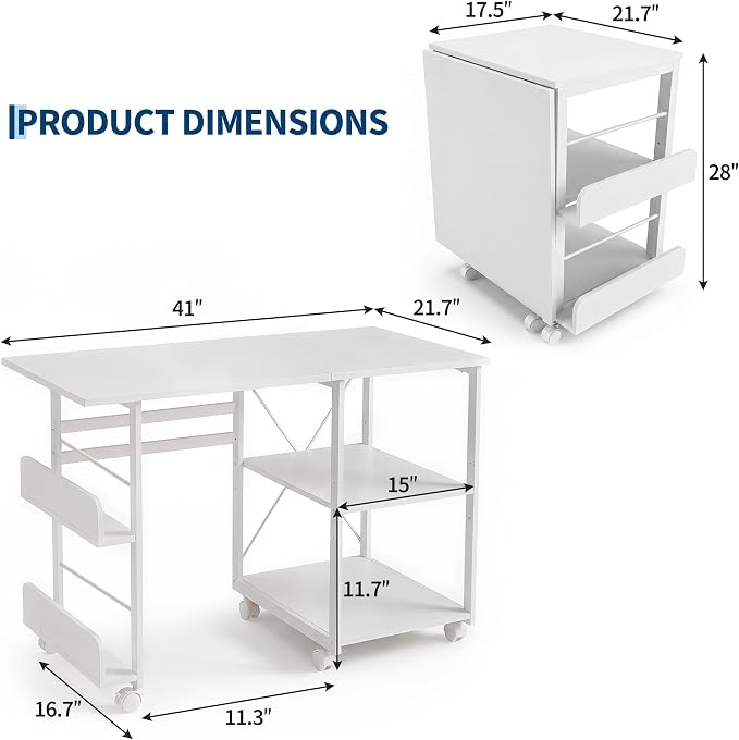 Garvee Folding Desk with Wheels, 31.5" Foldable Computer Desk with Storage Shelf, Space Saving Rolling Home Office Desk for Small Spaces, Portable Writing Table with Side Organizer, White - Image 2