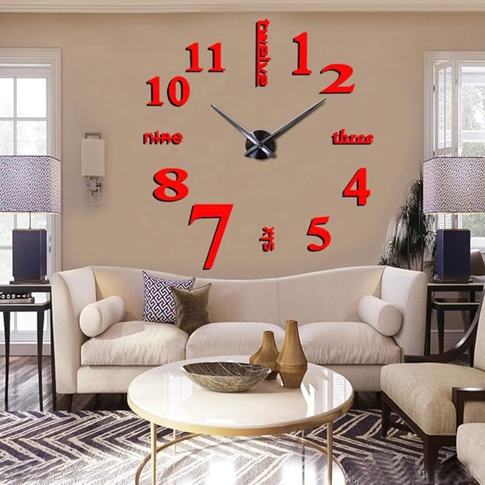 FASHION in THE CITY New 3D DIY Mirror Surface Wall Clocks Modern Design Living Room Decorative Wall Watches … (Red) by FASHIONinTHECITY