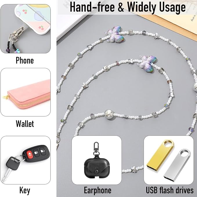 Phone Chain Crossbody Pearl Strap,Pearl Beaded Chain Shoulder Crossbody Lanyard with Phone Tether Patches Compatible with Most Phones Bag Purse(I) - Image 3