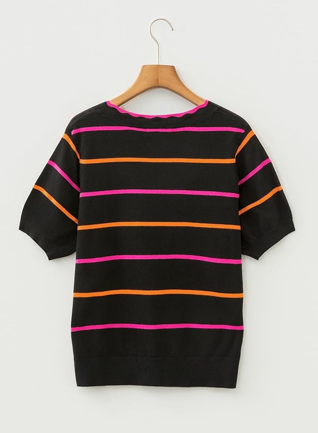 Dokotoo Womens Summer Short Sleeve Knit Tops 2026 Spring Trendy Casual V Neck Striped Sweater Blouses - Image 5