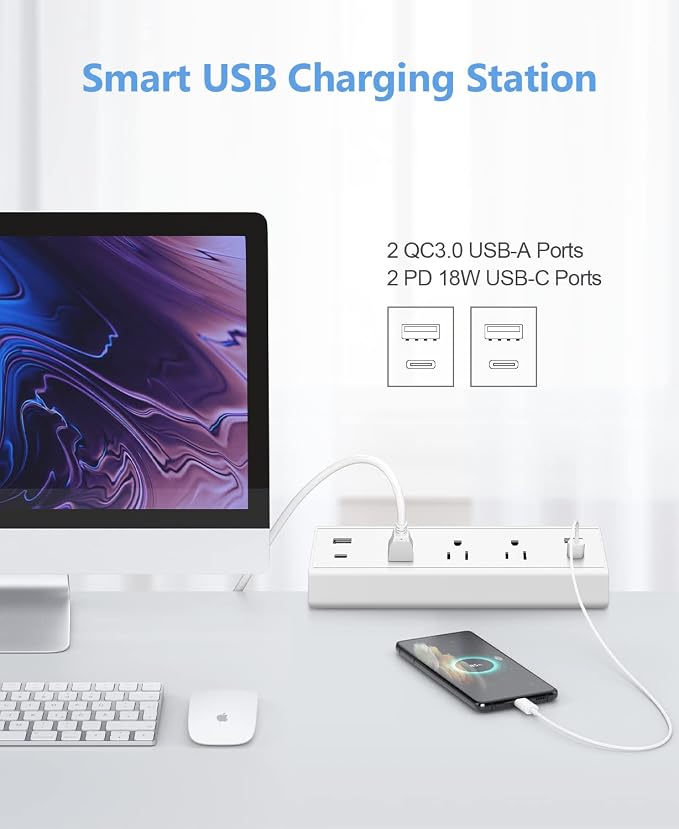 Jgstkcity Desk Clamp Power Strip,40W Total Fast Charging Station,2 PD 20W USB C Ports,Desk Edge Mount Surge Protector for Home, Office,3 Outlets,Fit 1.96" Tabletop Edge,ETL Listed,White | 2 PD 20W USB C Ports, 3 Outlets, Desk Edge Mount, Fit 1.96" Tabl... - Image 3