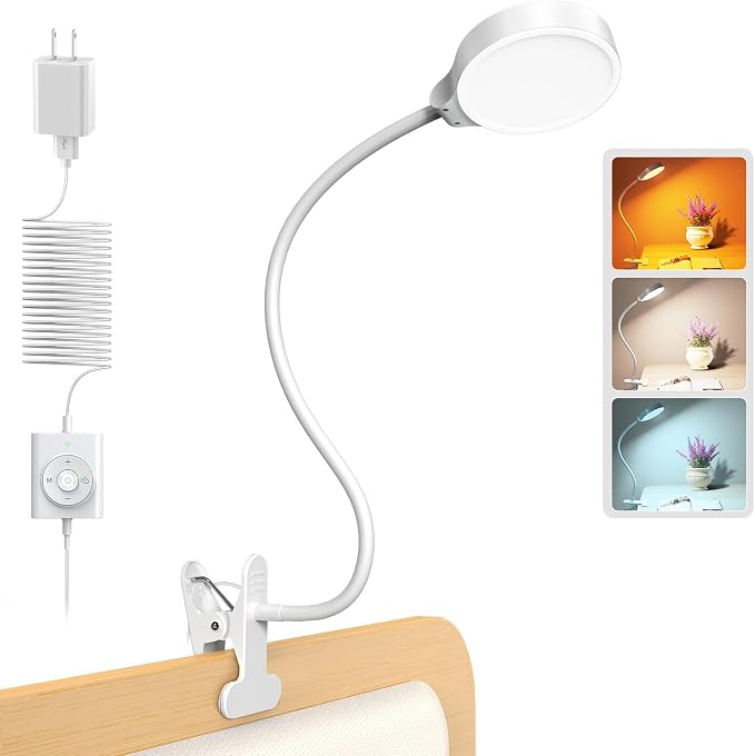 Glocusent 5W Clip on Light, 3 Colors & 5 Brightness Reading Light for Bed | Flexible Gooseneck Clip on Lamp, 30-Min Timer, Reading Lamp, Perfect Desk Lamp for Dorm,Bunk,Bed,Headboard,Table,Work,Craft by GLOCUSENT