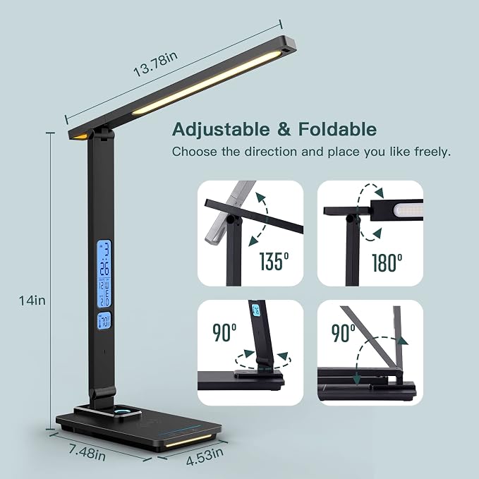 LAOPAO LED Desk Lamp with Wireless Charger: Desk Lamps for Home Office Bedroom, 5 Color Modes & Brightness Dimmable, 2 Night Light - Image 9