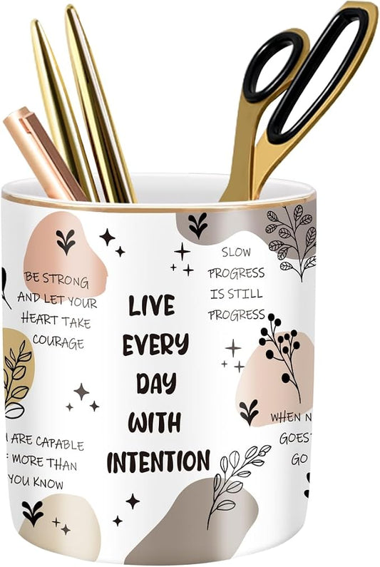 Cute Desk Pencils Pen Holder, Pencil Cup Holder for Desk, Ceramic Desktop Storage Pen Pencil Organizers Stationery Supplies for Office, Home, Words Pattern by WAVEYU