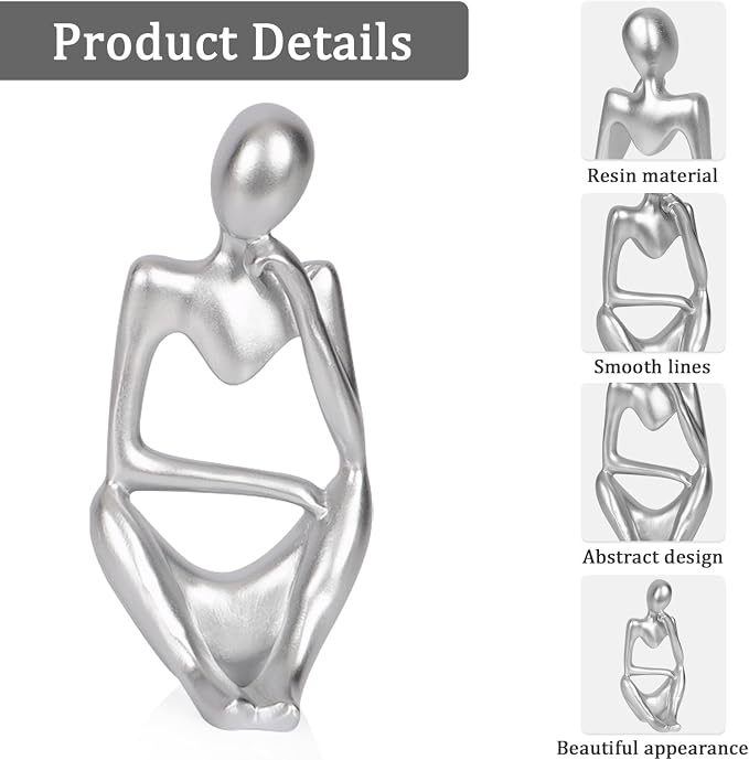 Sandstone Resin Thinker Style Abstract Sculpture Statue Collectible Figurines Home Office Bookshelf Desktop Decor (Small Silver, Right) - Image 4