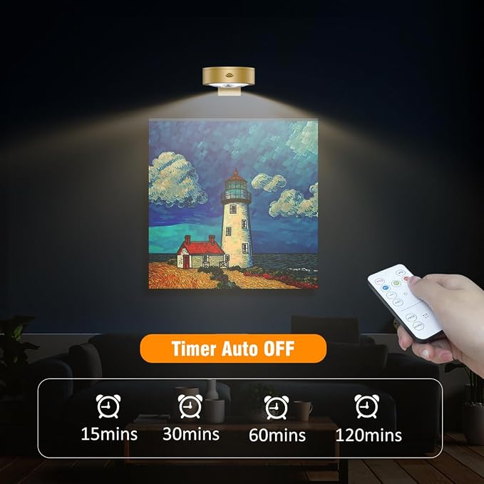 3Pack Picture Light Battery Operated Painting Lights for Wall Wireless Magnetic Display Art Light with Remote Control,Dimmable&Timer Portrait Light for Art Frame Artworking,Wall Decor Puck Lights-Gold - Image 4