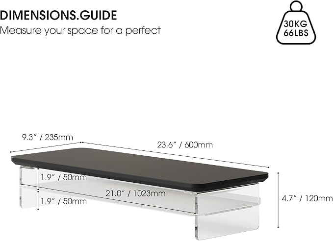 Fenge 23.6" Monitor Stand with Clear Acrylic Legs, Black | Clear acrylic, storage compartment, 2-tier home office monitor riser, wide large desktop shelf fit monitor/laptop/printer - Image 4