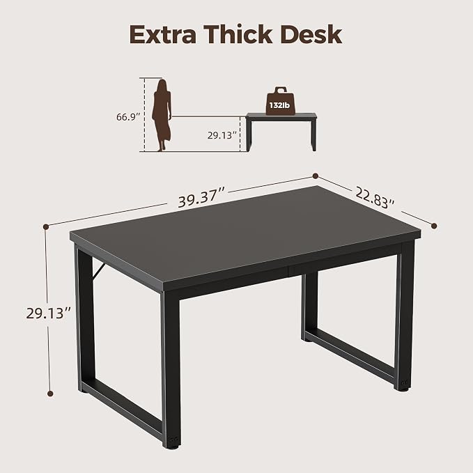 Mericonia 40 Inch Computer Desk, 1.2" Thick Small Office Table, Black | Modern Simple Style, Heavy Duty Industrial Frame, Small Study & Writing Table for Home Bedroom Work - Image 2