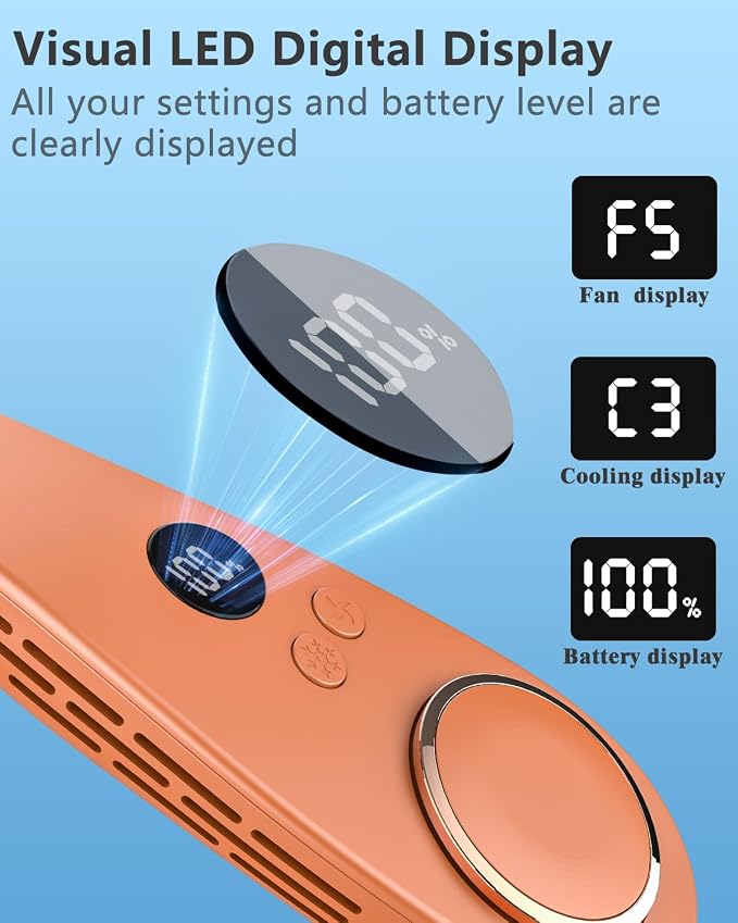 Neck Air Conditioner with Metal Cooling Plate, 5500mAh Batteries & LED Display, Silent Wearable Personal AC Unit, Bladeless Headphone Fan for Hot Flash Relief for Women Men Adults Outside, Orange - Image 4