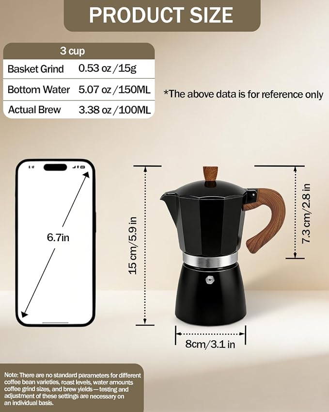 Coffee Maker Stovetop Espresso Maker 3 Cup Aluminum Moka Pot Percolator 5oz 150ml Easy Brewing for Electric Ceramic Stoves Home Camping Italian Cuban Café Classic Sip Sized Black - Image 2