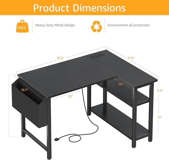 DLisiting Small L Shaped Gaming Desk with Shelves, 40 Inch Small Corner Computer Gaming Desk for Boys Teens Bedroom, Study Work PC Desks for Home Office Bedroom, Black - Image 3