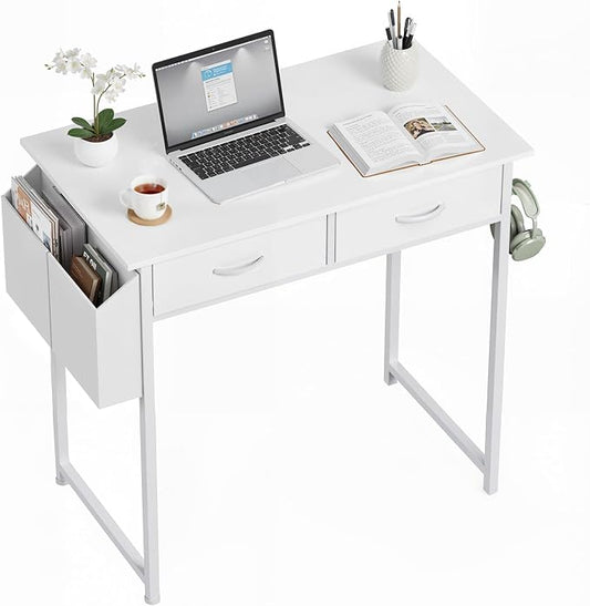 OLIXIS 32 Inch Gaming Desk, Computer Desk, Fabric Drawers | Side Bag Headphone Hook, Home Office Work Table, Writing Study Bedroom, Small Space, White by OLIXIS
