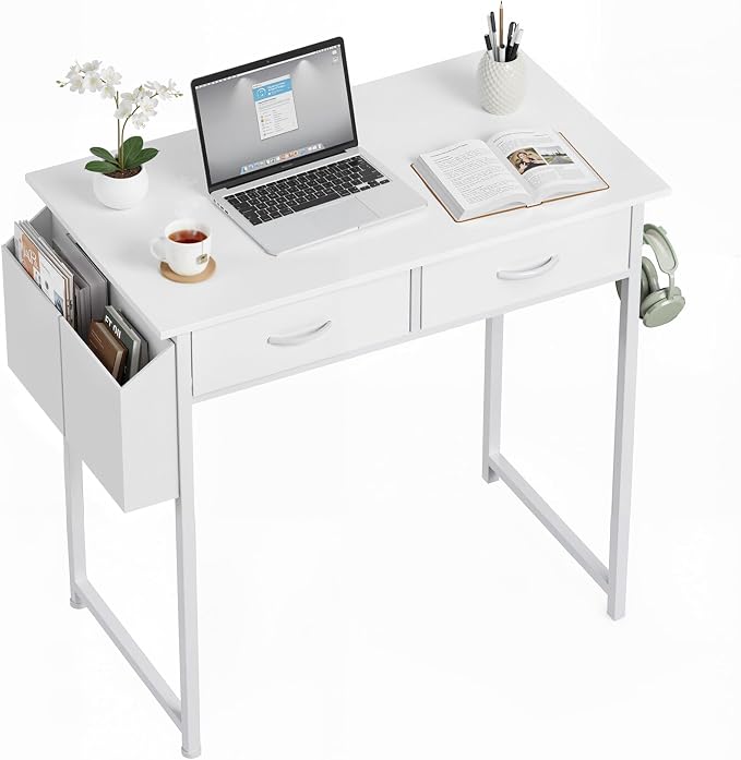 OLIXIS 32 Inch Small Desk, Computer Desk, Home Office | Fabric Drawers, Side Bag, Headphone Hook, Writing Study Work Table, Bedroom, Natural White by OLIXIS