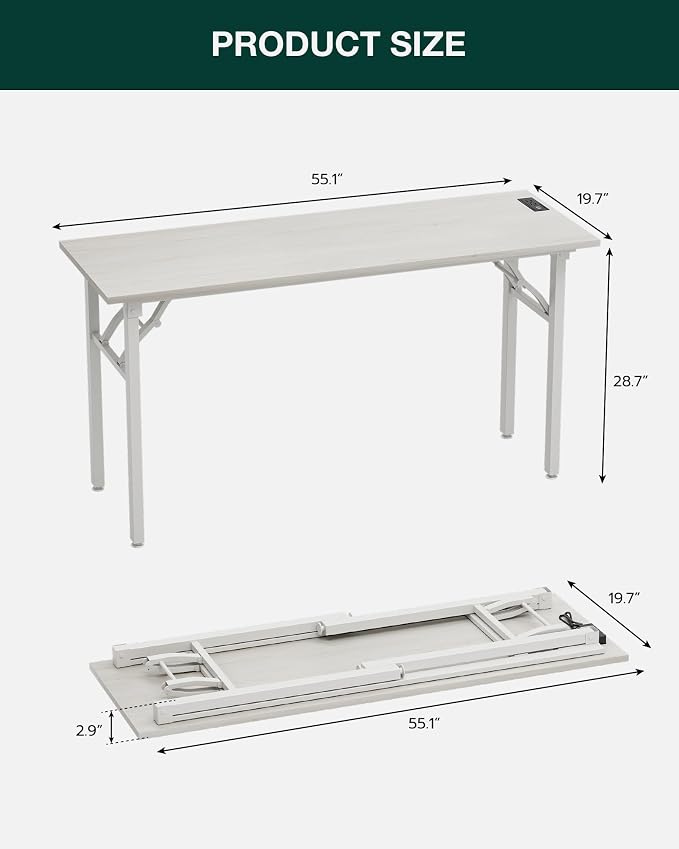 Frylr Small Folding Computer Desk – 55.1 Inch Portable Table for Craft and Study, Lightweight Desk for Small Spaces, Foldable Laptop Table Built-in AC/USB Outlets for Convenience, White Ash - Image 2