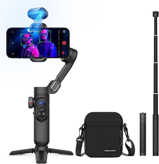 AOCHUAN 3-Axis Gimbal Stabilizer for Smartphone Smart AI XPro Black & B10 Storage Bag & E10 Extension Rod by AOCHUAN