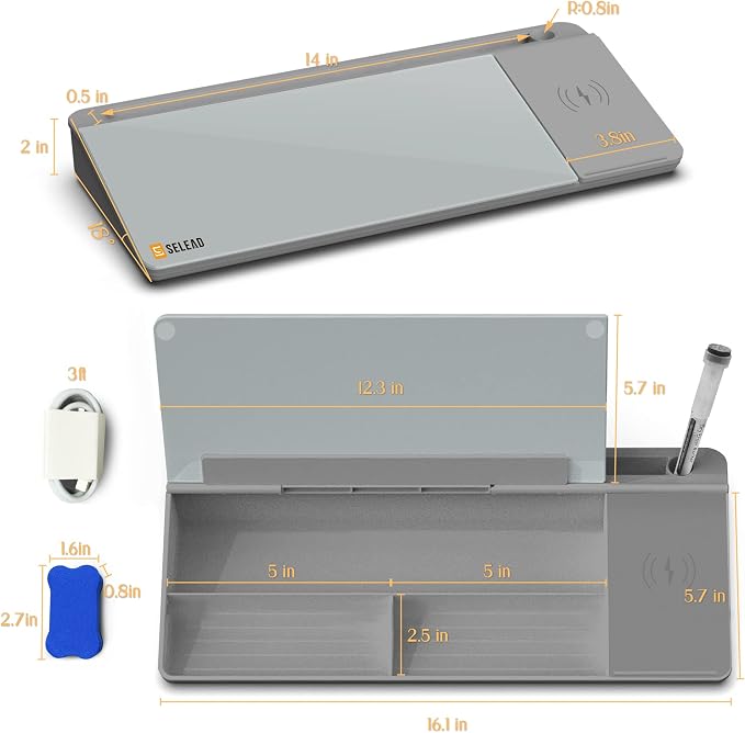 SELEAD Desktop Glass Whiteboard with Wireless Charger Station, Dry Erase White Board Computer Pad Keyboard Stand with Organizer for Home, School, Office Desk Accessories, Gray - Image 8