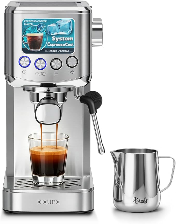XIXUBX Cold Brew Espresso Maker with Steam Wand for Home & Office | Precise Pressure Gauge, 20 Bar Pump, 42 oz Water Tank, Milk Frothing Pitcher for Cappuccino & Latte, Brushed Stainless Steel by XIXUBX
