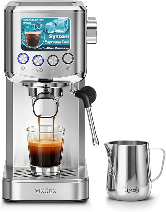 XIXUBX Cold Brew Espresso Maker with Steam Wand for Home & Office | Precise Pressure Gauge, 20 Bar Pump, 42 oz Water Tank, Milk Frothing Pitcher for Cappuccino & Latte, Brushed Stainless Steel by XIXUBX