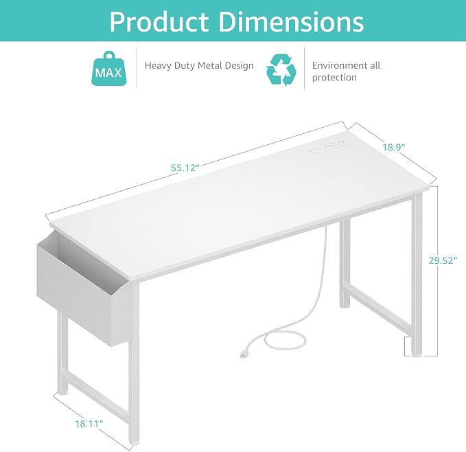 Lufeiya White Computer Desk with Power Outlet, 55 inch Teen Study Table Home Office Work Writing Gaming Desks with Charging Station Outlets Built in, White - Image 3