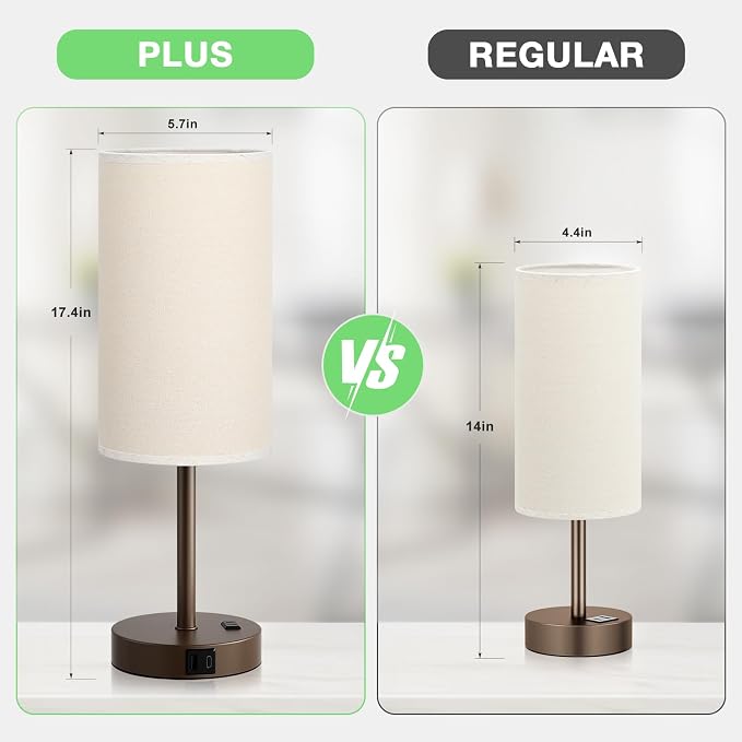 Dicoool 17.4" Bedside Lamp for Bedroom - Dimmable Touch, USB A+C, AC Outlet | LED Bulb Included, 3-Way Dimmable, 17.4" Table Lamp for Living Room, Dorm, Beige Fabric Lampshade, Brown Metal Base - Image 2