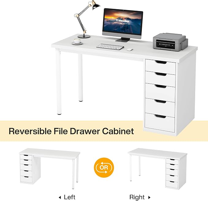 Tribesigns Computer Desk with 5 Drawers, 47 inches Rustic Brown Home Office Desk with Storage, Modern Simple Laptop Desk Study Writing Table for Small Spaces (1, White) - Image 9