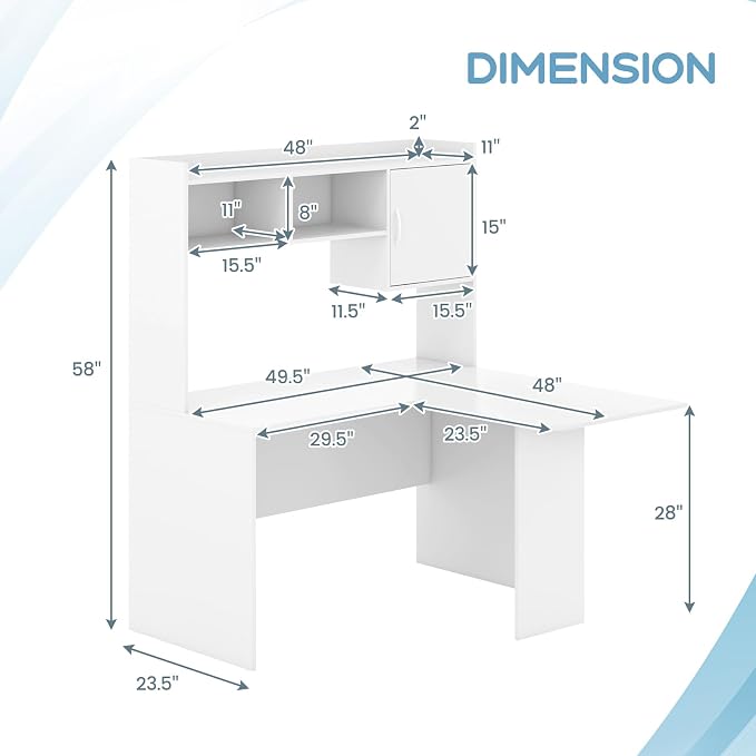 Tangkula L-Shaped Desk with Storage Hutch, Corner Computer Desk with Shelves & Cabinet, Modern Writing Study Table for Home Office, Laptop PC Workstation, White - Image 3