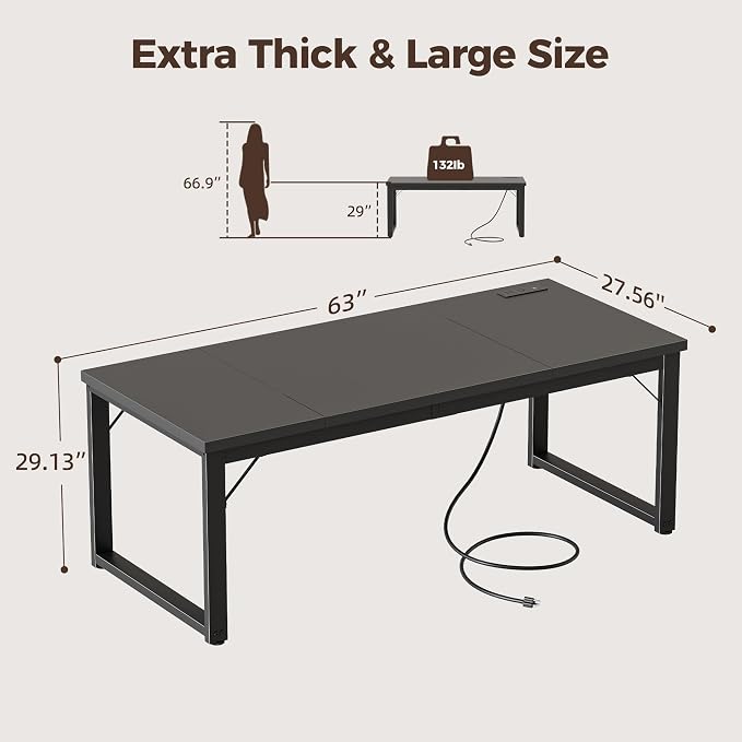 Mericonia 63x28 Inch Computer Desk w/Power Outlets, 1.2" Thick Office Table | Modern Simple Style, Heavy Duty Industrial Frame, Large Study & Writing Table for Home Bedroom Work, Black - Image 2