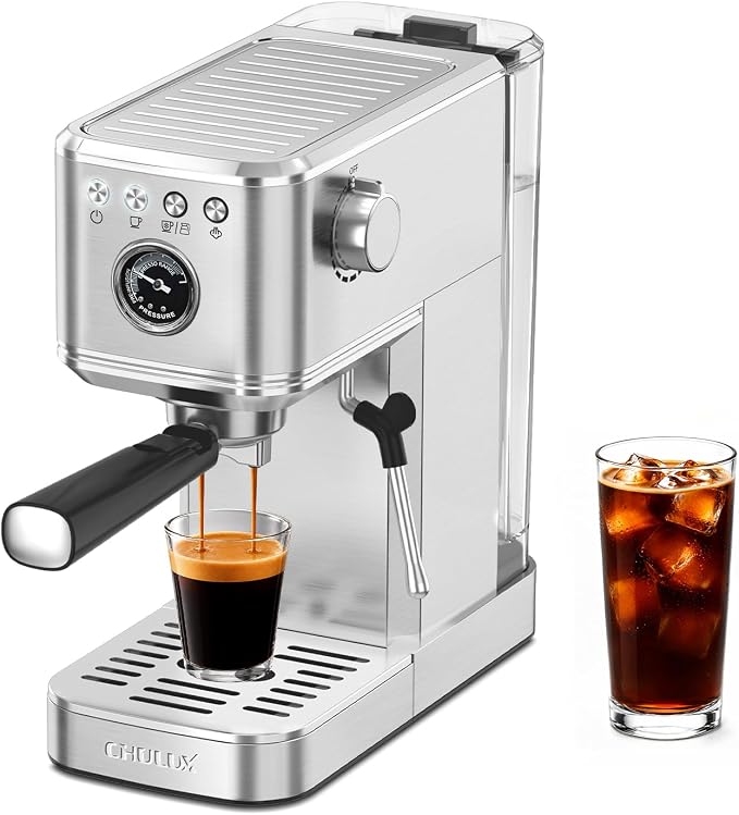 CHULUX Elite Espresso Machine for Latte, Americano and Iced Coffee, Silver | Hot and Iced Espresso, Visible Pressure Gauge, PID Temperature Control, Pre-Infusion Tech, Brushed Stainless Steel Finish by CHULUX