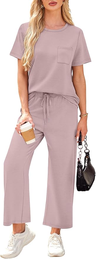 WIHOLL 2 Piece Sets for Women Casual Summer Travel Vacation Outfits Short Sleeve Wide Leg Crop Pants Lounge Sets - Image 3