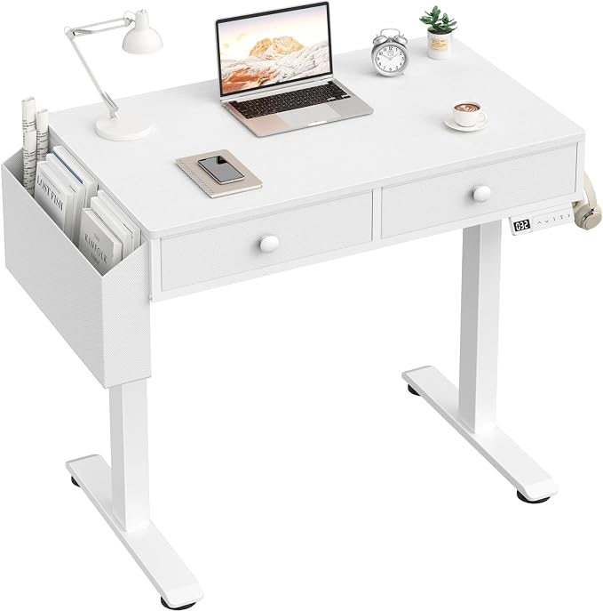 KLUVIS Electric Standing Desk with Drawers, 32 Inch White Small Height Adjustable Sit Stand Desk with Storage for Small Space Home Office Bedroom, Study Writing Stand up Computer Desks for Girls Work by Unknown