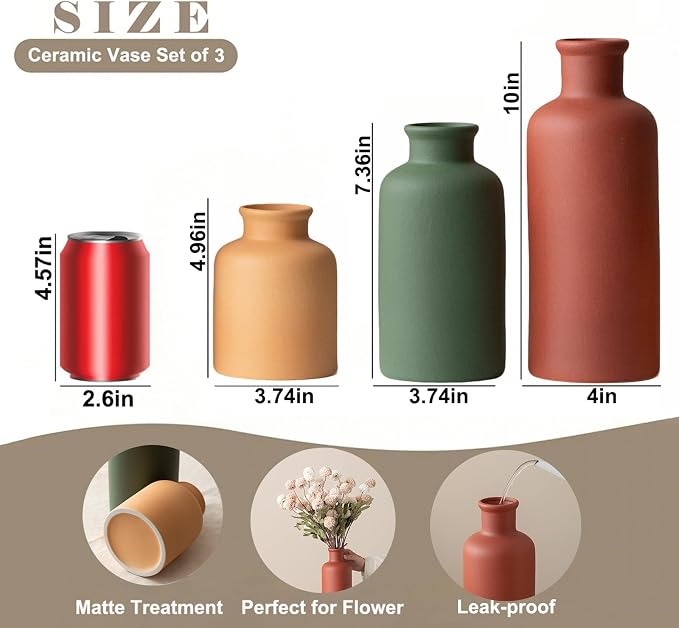 Large Modern Ceramic Vase Set of 3, Neutral Colors, Decorative Bottles for Home, Farmhouse Rustic Decor (XL Green Mix) - Image 7