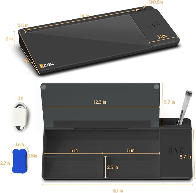 SELEAD Desktop Glass Whiteboard with Wireless Charger Station, Dry Erase Board Computer Pad Keyboard Stand with Organizer Drawer for Home, School, Office Desk Accessories, Black - Image 7