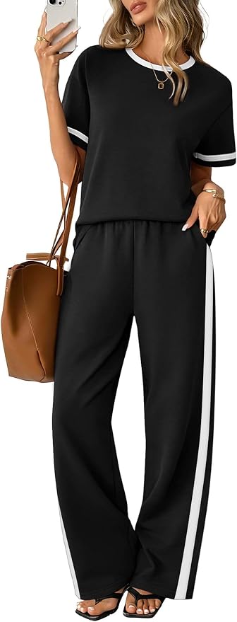 Sampeel 2 Piece Sets for Women Matching Sets Summer Outfits Resort Wear Short Sleeve Lounge Set Wide Leg Pants with Pockets by SAMPEEL