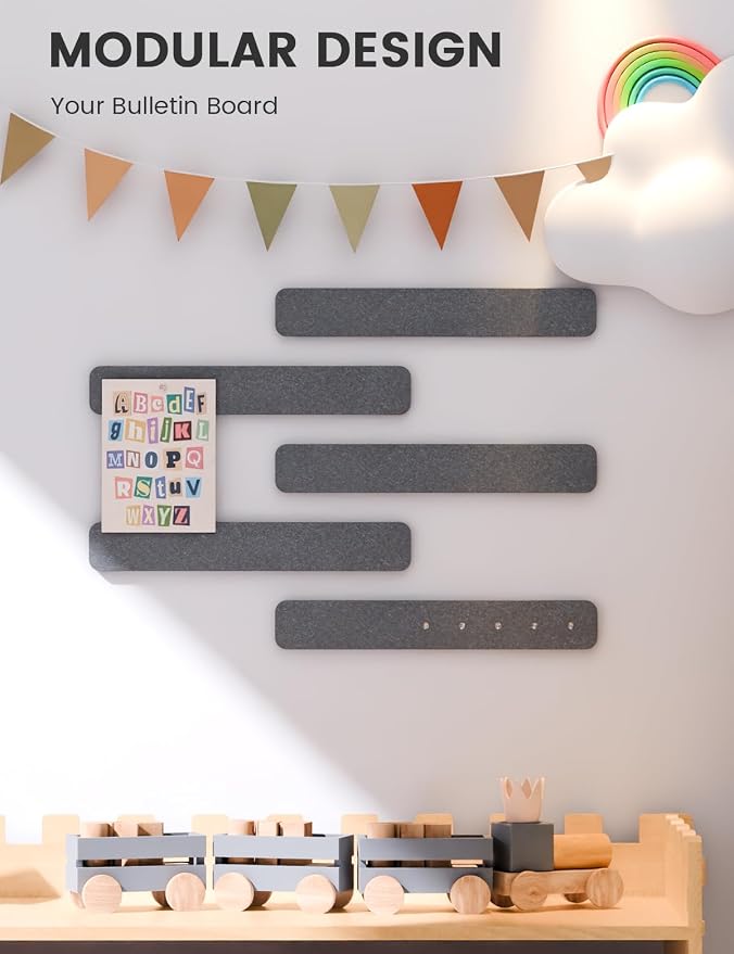 Fluxynara 13" x 2" Felt Wall Panels, Charcoal Gray | 5-Pack Cork Board Alternative with 35 Push Pins, Adhesive Mounting for Bedroom Door or Home Office - Image 5