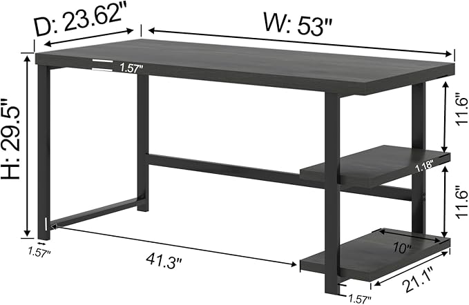 EXCEFUR Black Desk, Modern Computer Desk for Home Office, Metal Wood Writing Study Table Workstation with Storage Shelf for Living Room, Bedroom, 53 Inch - Image 2