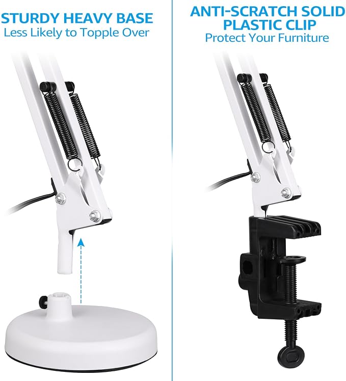 TORCHSTAR Metal Desk Lamp, Adjustable Swing Arm, E26, White | Architect Gooseneck Multi-Joint Clip Table Lamp with Plastic Clamp, for Home Office, Work, Study, Reading, Bulbs not Included - Image 2