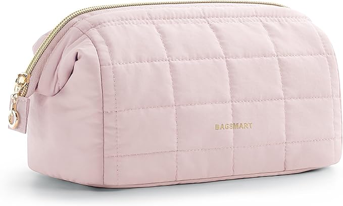 BAGSMART Makeup Bag Travel Toiletry Bag, Wide-open Zipper Pouch, Pink | Puffy Padded, Travel Essentials, Make Up Bag, For Women, Makeup Organizer, Toiletries Accessories Brushes by BAGSMART