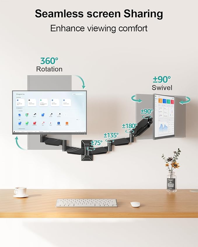 Long Arm Dual Monitor Wall Mount, Gas Spring Wall Monitor Arm for 17-32" Screens, 27.1" Extra Long Monitor Mount, Holds up to 17.6 lbs Each, Full Motion VESA Mount, 75/100, Black - Image 7