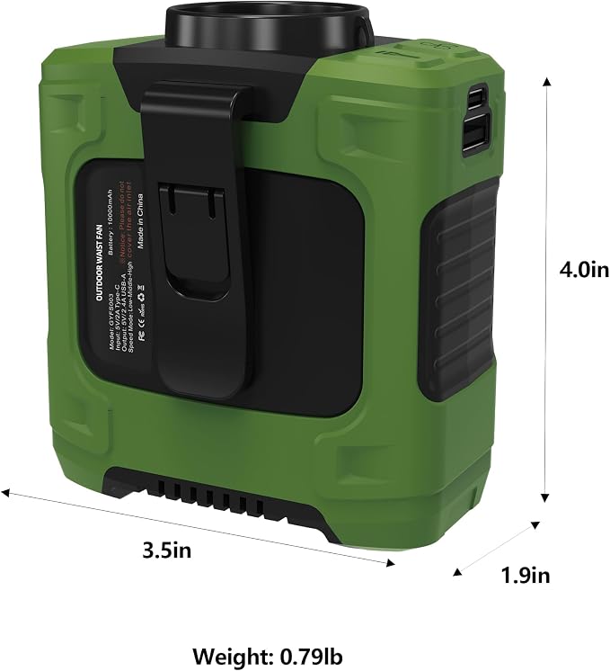 Waist Fan, 10000mAh Rechargeable Belt Clip Fan, 24H Runtime, 49ft/s Strong Airflow, 3-Speed 7-in-1 Hands-Free Personal Fan with Bottom Air Intake and LED SOS Light for Jobsite Outdoor Work - Image 7
