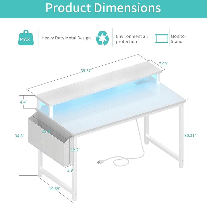 Lufeiya White Computer Desk with LED Lights and Power Outlets, 40 Inch Home Office Desks with Monitor Stand, Teen Writing Study Table Gaming Desk with Charging Station, White - Image 3