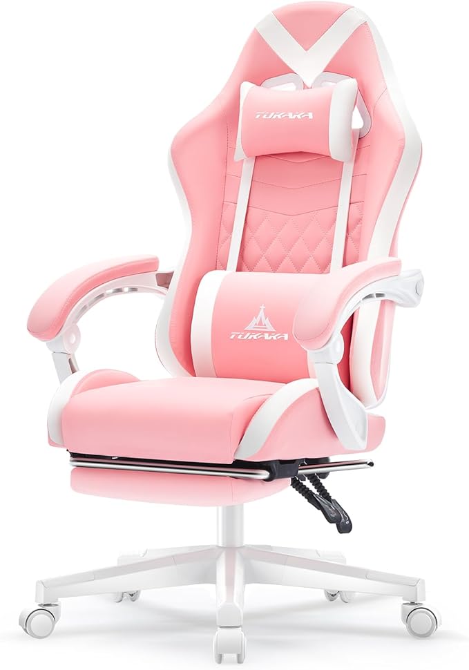 Gaming Chair,Ergonomic Massage Office Desk Chair with Footrest,Pink | Pocket Spring Cushion,Reclining,Thick High Back,Headrest and Lumbar Support,Adjustable Leather Computer Chair Gamer Chair by TUKAKA